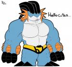 anthro briefs bulge clothed clothing greeting male muscular muscular_anthro muscular_male pubes simple_background skimpy solo text topless underwear yellow_clothing yellow_underwear genericboxhead nintendo pokemon amphibian generation_6_pokemon mega_evolution mega_swampert pokemon_(species) english_text