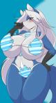 5_fingers anthro big_breasts bikini black_hands blue_bikini blue_body blue_clothing blue_eyes blue_fur blue_swimwear blush breasts clothing countershade_face countershade_neck countershade_torso countershading curvy_figure female fingers fur gloves_(marking) hair hand_on_hip huge_breasts long_hair markings pattern_bikini pattern_clothing pattern_swimwear solo striped_bikini striped_clothing striped_swimwear stripes swimwear thick_thighs two-piece_swimsuit voluptuous white_body white_countershading white_fur white_hair white_inner_ear wide_hips mastergodai katrin canid canine fox mammal 2016 absurd_res hi_res