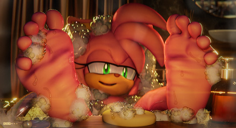 5_toes anthro barefoot bathing bathtub bubble feet female foot_focus green_eyes hair half-closed_eyes humanoid_feet looking_at_viewer narrowed_eyes partially_submerged pink_body pink_hair pink_skin plantigrade soap soles solo suds toes 699mha sega sonic_the_hedgehog_(series) amy_rose eulipotyphlan hedgehog mammal 3d_(artwork) digital_media_(artwork) hi_res signature