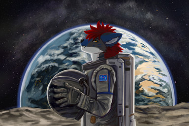 anthro clothing ear_tuft fangs fur gloves hair handwear light looking_at_viewer male moon on_the_moon outside red_hair solo space spacesuit teeth tuft youraugust hybrid hyena mammal spotted_hyena striped_hyena 3:2 absurd_res digital_media_(artwork) hi_res