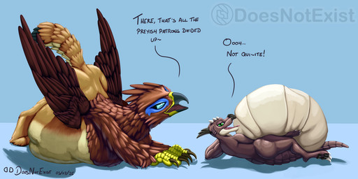 abdominal_bulge ambiguous_gender ambiguous_prey anthro anthro_pred beak blue_body blue_eyes blue_feathers brown_body brown_feathers brown_scales bulge claws countershading dialogue duo feathered_wings feathers feet feral feral_pred looking_at_viewer looking_back lying male quadruped scales simple_background stretching talons tan_body tan_feathers tan_scales text toe_claws toes vore wings doesnotexist mythology subscribestar bryce_daeless saewin avian gryphon kobold mythological_avian mythological_creature scalie 2025 2:1 dated digital_media_(artwork) english_text hi_res signature watermark
