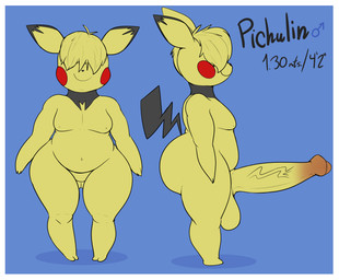 anthro balls big_butt big_penis border butt genitals hair hair_over_eyes huge_penis male overweight penis shortstack solo white_border an-tonio nintendo pokemon generation_2_pokemon pichu pokemon_(species) absurd_res hi_res model_sheet