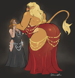 anthro big_breasts big_butt black_clothing black_dress blonde_hair blush breasts brown_hair butt clothed clothing dress duo female female_anthro female_human fur glistening glistening_eyes hair hand_on_cheek huge_breasts huge_butt long_hair looking_up orange_body orange_eyes orange_fur overweight overweight_anthro overweight_female red_clothing red_dress simple_background standing tail tail_tuft tan_body tan_fur tan_skin tuft jezzlen hollow_hip_backless_chain_dress emma_(quietlurker) bovid bovine cattle human mammal hi_res signature