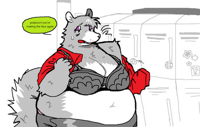 anthro biped bodily_fluids bottomwear bra breasts cleavage clothed clothing dialogue female fluffy fluffy_tail fur grey_body grey_fur locker motion_lines navel offscreen_character overweight red_clothing red_shirt red_topwear shirt skirt slightly_chubby slightly_chubby_female solo speech_bubble sweat tail talking_to_another text topwear underwear undressing twigsyy moby_graham chinchilla chinchillid mammal rodent english_text