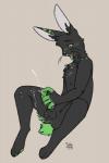 balls black_body black_fur blush bodily_fluids cum fur genital_fluids genitals green_blush green_body green_fur green_nose male masturbation penile penile_masturbation penis simple_background solo whiskers jalle damien_(donikug) lagomorph leporid mammal rabbit 2018 2:3 hi_res