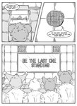 absurd_res anthro bear black_and_white bodily_fluids canid canine clothed clothing comic container electroshock_weapon english_text eric_doyle female fox group hi_res hybrid inside kifyun2 machine male mammal missing_ear monochrome one_way_mirror simple_background speaker speech_bubble stun_baton sweat text turret weapon