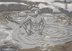 abs anthro blue_eyes bubble hands_on_hips horn male mud mud_covered muddy nude solo wam perrygoat bovid caprine goat mammal 2024 absurd_res hi_res