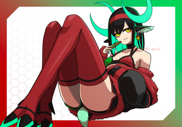 :3 bell black_clothing black_hair bottomwear bra breasts choker clothing coat ear_piercing electronics female footwear furgonomic_footwear furgonomics goat_ears green_hair hair hooves horizontal_pupils jewelry legwear looking_at_viewer lying multicolored_hair necklace phone piercing pupils red_clothing shorts smile solo tail thigh_highs topwear underwear yellow_eyes toipokun_oyashi animal_humanoid bovid bovid_humanoid caprine caprine_humanoid goat_humanoid humanoid mammal mammal_humanoid hi_res