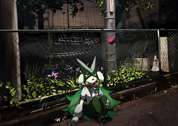 anthro biped chain-link_fence clothed clothing detailed_background female female_anthro fence flower footwear front_view fur green_body green_fur kemono light mask night outside pink_eyes plant pupils shirt shrub sitting solo topwear tree white_clothing white_shirt white_topwear kusochibikemona nintendo pokemon felid feline generation_9_pokemon mammal meowscarada pokemon_(species) colored digital_media_(artwork) hi_res lighting shaded
