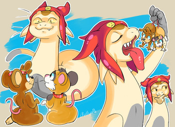 ambiguous_gender anthro buckteeth clothing collar eyes_closed fangs feet fur group hat headgear headwear imminent_vore male open_mouth rat_tail sharp_teeth soles tail teeth thinking thinking_emoji tongue tongue_out trio whiskers bulluppa space_dandy meow_(space_dandy) alien betelgeusian domestic_cat felid feline felis mammal mouse murid murine rodent 2022 hi_res signature