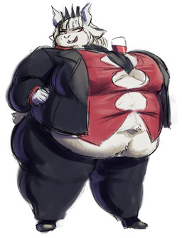anthro belly beverage big_belly big_breasts breasts button_(fastener) clothed clothing female fur hair holding_beverage holding_object navel necktie obese obese_anthro obese_female overweight overweight_anthro overweight_female red_eyes simple_background smile solo standing straining_buttons tail tight_clothing white_background white_body white_fur white_hair cro-iba helltaker goat_lucifer_(helltaker) bovid caprine demon goat mammal 2025