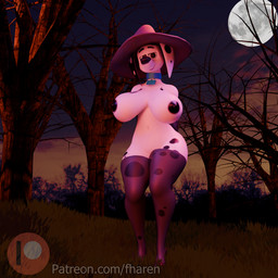 anthro big_breasts black_clothing black_footwear black_high_heels black_nipples breasts clothing collar female female_anthro footwear fur genitals hand_on_hip hat headgear headwear high_heels huge_breasts huge_hips humanoid_genitalia legwear light looking_at_viewer markings moon moonlight mostly_nude navel nipples shoes solo spots spotted_body text vulva white_body white_fur wide_hipped_female wide_hips witch_hat fharen 101_dalmatian_street 101_dalmatians disney delilah_(101_dalmatians) 1:1 3d_(artwork) digital_media_(artwork) hi_res url