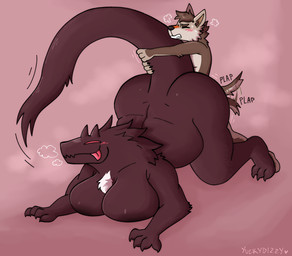 anthro big_breasts big_tail blush breasts breath claws doggystyle duo female from_behind_position larger_sub male male/female overweight overweight_female plap sex size_difference submissive tail tail_grab tail_motion tailwag tongue tongue_out yuckydizzy kaine_(yuckydizzy) canid canine canis coyote mammal monster hi_res