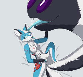 2_tails after_transformation anthro blue_body blue_eyes blue_fur bodily_fluids breasts corruption drooling female fur genital_fluids genitals horn hypnosis mind_control multi_breast multi_tail nipples nude saliva scales solo tail tail_mouth tongue tongue_out transformation unusual_anatomy unusual_tail vaginal_fluids vulva lillythevixen canid canine fox mammal hi_res