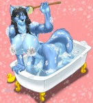 anthro bath bathing bathtub bent_arm bent_legs big_breasts biped black_nose blue_body blue_fur breasts brush bubble claw_foot_bathtub claws convenient_censorship extended_arm female fur hair holding_brush holding_object holding_scrub_brush huge_breasts kneeling kneeling_in_water legs_in_water looking_at_viewer nipples nude partially_submerged rubber_duck scrub_brush soap solo submerged_legs submerged_tail tail tail_in_water teacher water wet wet_body wet_fur wet_hair yellow_eyes max_blackrabbit raven_hunt canid canine canis inanimate_object mammal wolf 2009 censored digital_media_(artwork)