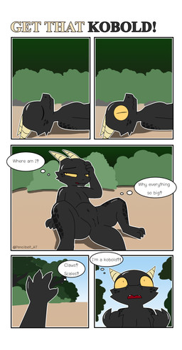 anthro black_body black_scales brush female genitals male navel non-mammal_navel non-mammal_vulva nude scales solo vulva yellow_eyes pencil_bolt blacky_(pencil_bolt) kobold scalie absurd_res comic hi_res