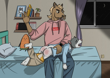 butt butt_slap clothing discipline duo male male/male pajamas punishment slap spanking young fmws canid canine canis domestic_dog equid equine horse mammal absurd_res hi_res father_(lore) parent_(lore)