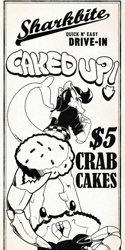 5_fingers advertisement ambiguous_feral ambiguous_gender anthro biped black_text blush blush_lines bottomless bottomless_anthro bottomless_female clothed clothed_anthro clothed_female clothing convenient_censorship crab_cake dorsal_fin duo elbow_fin exoskeleton eyelashes eyestalks female female_anthro feral fin fingers food furgonomics holding_food holding_object jacket leather leather_clothing leather_jacket leather_topwear leg_fin looking_back mandibles notched_ear pincers rolled_up_sleeves smile smirk standing tail tail_fin text thick_tail topwear white_text posspowered sharkbite_girl aquatic arthropod crab crustacean decapod fish malacostracan shark 2026 black_and_white english_text hi_res monochrome