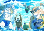 abs anthro bandage barazoku biceps big_muscles blue_body blue_eyes blue_fur blue_hair blue_nose bottomwear bracelet brown_body brown_fur bulge chest_tuft clothed clothing cloud ear_piercing eyes_closed eyewear fangs fur goggles green_eyes grin group hair jewelry kemono male muscular muscular_male nipples one_eye_closed open_clothing open_mouth open_shirt open_topwear outside pecs piercing raised_arm sea shirt shorts sky smile snorkel speedo splash standing stripes surprise swimwear teeth tongue topless topwear tuft tusks water wet white_body white_fur kenn bear canid canine canis cetacean dolphin felid mammal marine oceanic_dolphin orca ork pantherine suid suine sus_(pig) tiger toothed_whale wild_boar wolf blue_theme color_contrast