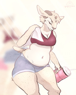 after_exercise anthro belly belly_overhang blurred_background bodily_fluids bottomwear bovid_horn bra breasts caprine_horn cleavage clothed clothing container cup curled_horn drinking_straw exercise eyes_closed female freckled_arms freckled_face freckled_legs freckled_shoulders freckled_thighs freckles fur goat_horn hair holding_container holding_cup holding_disposable_cup holding_object horn medium_breasts midriff mirror mirror_reflection navel overweight overweight_anthro overweight_female pink_nose red_bra red_clothing red_sports_bra red_underwear reflection sheepgoat short_hair shorts skindentation solo sports_bra sweat sweaty_body tail tan_body tan_fur tan_hair thick_thighs towel towel_on_shoulder underwear weight_gain wide_hips workout workout_clothing qapricore stanley_cup chantilly_leclaire bovid caprine goat hybrid mammal sheep 4:5 digital_drawing_(artwork) digital_media_(artwork) hi_res watermark
