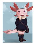 anthro bottomwear breath clothed clothing female footwear fully_clothed hand_in_pocket hands_in_both_pockets jacket legwear pink_eyes pockets skirt snow socks solo topwear winter wazzaldorp real_axolotl_hours axey_(wazzaldorp) amphibian axolotl marine mole_salamander salamander hi_res