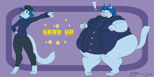 anthro before_and_after blue_body blue_fur blue_hair braces eyewear fur gain glasses hair male nerd overweight overweight_anthro overweight_male suspenders transformation transformation_sequence wearing_glasses weight_gain weights yellow_eyes dirtymac domestic_cat felid feline felis mammal 2:1 absurd_res hi_res