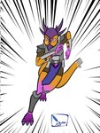 anthro armor armor_plates bandage bandaged_tail beak clothed clothing facial_scar female horn motion_lines muscular muscular_female orange_body purple_eyes running scar simple_background solo warrior zataekink kaleea_(zataekink) dinosaur dinosaur_girl ornithischian pachycephalosaurid pachycephalosaurus prehistoric_species reptile scalie 3:4 hi_res
