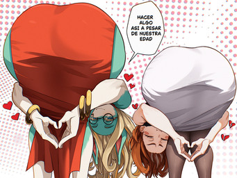 anthro big_butt blonde_eyelashes blonde_hair blush bracelet brown_hair butt butt_focus butt_size_difference clothing dotted_background dress duo eyelashes eyes_closed eyewear female female_anthro female_human gesture glasses green_body hair heart_gesture heart_symbol hearts_around_body huge_butt jewelry legwear pantyhose pattern_background red_clothing red_dress round_glasses simple_background smile text thick_thighs white_body white_clothing white_dress wide_hips vlizz my_hero_academia praise_da_booty_(meme) ippan_josei ochaco_uraraka human mammal quirked_human_(my_hero_academia) 4:3 absurd_res hi_res meme spanish_text translated