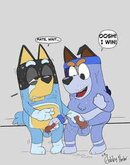 4_fingers accessory anthro anthro_on_anthro balls bent_arm big_eyes biped black_body black_ears black_eyes black_fur black_nose black_text blue_balls blue_body blue_eyebrows blue_fur blue_headband blue_markings blue_tail blue_wristband bodily_fluids body_hair brown_inner_ear chest_tuft clenched_teeth competition cum cum_on_ground cum_on_hand cumshot curved_eyebrows dark_body dark_fur dialogue duo ejaculation ellipsis erection eyebrows eyes_mostly_closed fingers fist fur fur_tuft genital_fluids genitals glistening glistening_nose gloves_(marking) grey_background hairy_balls headband holding_another's_penis holding_penis humanoid_hands intraspecies iris leg_markings light_body light_fur looking_at_another looking_at_another's_penis looking_at_genitalia looking_at_partner looking_at_penis looking_down looking_down_at_another looking_down_at_genitalia looking_down_at_partner looking_down_at_penis looking_pleasured male male/male markings mature_anthro mature_male monotone_balls monotone_genitals monotone_penis monotone_tail multicolored_body multicolored_fur mutual_masturbation narrowed_eyes no_pupils nude nude_anthro nude_male obese obese_anthro obese_male one_ear_up open_mouth open_smile orgasm overweight overweight_anthro overweight_male penis penis_size_difference pink_penis pink_tongue plantigrade pointy_ears precum prick_ears resisting_orgasm sexual_competition simple_background sitting smile snout socks_(marking) speech_bubble sweat sweaty_body sweaty_fur tail talking_to_another talking_to_partner tan_eyebrows teeth text thick_eyebrows three-quarter_view tongue tuft white_sclera white_speech_bubble wristband yellow_body yellow_fur yellow_inner_ear gobbyheeler bluey_(series) bandit_heeler stripe_heeler australian_cattle_dog canid canine canis cattledog domestic_dog herding_dog mammal pastoral_dog 2025 artist_name digital_drawing_(artwork) digital_media_(artwork) english_text hi_res brother_(lore) brothers_(lore) incest_(lore) sibling_(lore)