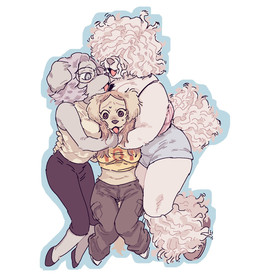 anthro blush blush_lines bodily_fluids bottomwear brown_eyes chin_on_head clothing crop_top curly_hair denim denim_bottomwear denim_clothing eyebrows eyewear face_in_breasts female female/female floppy_ears fur furrowed_brow glasses grey_body grey_eyes grey_fur grey_hair hair hair_over_eyes hug jeans looking_at_viewer looking_down open_mouth pants raised_eyebrows shirt shorts simple_background slightly_chubby slightly_chubby_female spiral spiral_eyes sweat tan_body tan_fur teeth_showing thick_thighs topwear white_body white_fur white_hair wide_hips sori0414 canid canine mammal hi_res