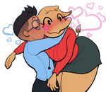 anthro big_breasts black_hair blush blush_stickers breasts brown_body brown_fur clothed clothing dark_body dark_skin duo eyewear female flustered fur glasses hair heart_symbol hug human_on_anthro interspecies kissing larger_anthro larger_female male male/female size_difference smaller_human smaller_male wide_hips lovetopullmicke animal_crossing nintendo ellie_(animal_crossing) villager_(animal_crossing) elephant elephantid human mammal proboscidean absurd_res hi_res