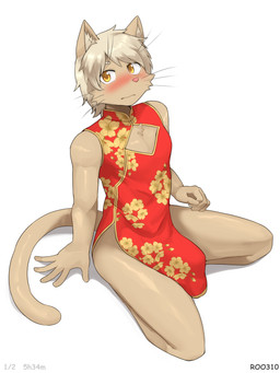 5_fingers anthro asian_clothing biped black_text blush blushing_at_viewer brown_eyes brown_pupils cheek_tuft chest_tuft chinese_clothing chinese_dress cleavage_cutout clothed clothed_anthro clothed_male clothing crossdressing crossdressing_male cutout dress east_asian_clothing embarrassed eyebrow_whiskers eyebrows facial_tuft femboy fingers floral_pattern floral_print fur glistening glistening_eyes grey_eyebrows grey_hair grey_inner_ear_fluff grey_tuft hair holidays humanoid_hands inner_ear_fluff iris kemono kneeling looking_at_viewer male male_anthro monotone_background monotone_body monotone_hair monotone_tail mouth_closed multicolored_clothing multicolored_dress multicolored_eyes no_underwear orange_eyes pattern_clothing pattern_dress pink_blush pink_nose pose print_clothing print_dress pupils red_clothing red_dress seiza short_hair simple_background sitting sleeveless_clothing sleeveless_dress slim slim_anthro slim_male slit_dress solo tail tan_body tan_ears tan_fur tan_tail tan_tuft text three-quarter_view tuft whiskers white_background white_sclera yellow_clothing yellow_dress yellow_eyes roo310 chinese_new_year vee domestic_cat felid feline felis mammal absurd_res artist_name full-length_portrait hi_res pinup portrait shaded