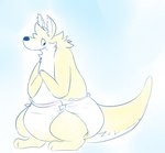 anthro blue_background bodily_fluids clothed clothing diaper embarrassed frown fur genital_fluids hands_together male sad semi-anthro simple_background solo standing unclean_diaper urine used_diaper wearing_diaper wet_diaper white_background white_body white_fur yellow_body yellow_fur fang29 fang29_(character) canid canine canis domestic_dog hybrid kangaroo macropod mammal marsupial 2016