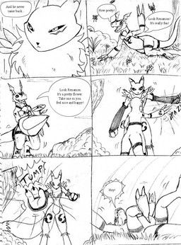 anthro bed dialogue digital_hazard duo featureless_crotch female furniture innocent_smile larger_female lying male male/female on_back playful playing push pushing pushing_down size_difference smaller_male smile speech_bubble symbol tackle text raptorsr bandai_namco digimon canid canine digimon_(species) dinosaur guilmon mammal monster prehistoric_species renamon reptile scalie 2007 comic english_text monochrome