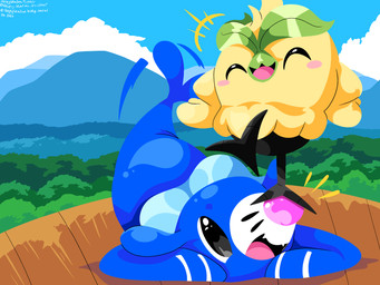 ambiguous_gender beak black_eyes blue_body blush blush_stickers cloud duo emanata eyes_closed fangs feathers feral green_body green_feathers open_beak open_mouth plant sky tail teeth tongue sleepy_sealion nintendo pokemon pokemon_winds_and_waves avian bird browt generation_10_pokemon generation_7_pokemon pokemon_(species) popplio 2026 4:3 absurd_res dated hi_res signature