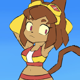 anthro bikini bikini_bralette breasts brown_body brown_hair clothing eyebrows eyelashes eyewear eyewear_on_head female goggles goggles_on_head hair hands_behind_head magenta_eyes solo swimwear two-piece_swimsuit yellow_sclera cintra_(artist) gameoverse glitch_productions kit_bodega domestic_cat felid feline felis mammal 1:1 2026 absurd_res colored_sketch hi_res sketch