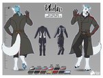 clothing male muscular muscular_male solo tail text uniform shoes_(artist) phelan_(character) canid canine canis mammal wolf absurd_res english_text hi_res model_sheet