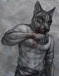 5_fingers anthro black_body black_fur black_nose blood bodily_fluids clothed clothing fingers fur male open_mouth solo teeth tongue rukis red_lantern_universe luther_denholme canid canine mammal 2022 digital_media_(artwork)