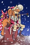 anthro bell bell_collar boots bottomwear breasts chimney christmas_clothing christmas_headwear clothed clothing collar collared_shirt cookie costume ear_tuft facial_tuft female food footwear fur hair hat headgear headwear holidays holly_(plant) knees_bent long_tail moon night off_shoulder orange_body orange_fur orange_hair orange_tail outside plant ponytail red_eyes rooftop sack santa_costume santa_hat shirt shoes side_view sitting smile snout snow snowing solo staff straps tail thin_calves thin_legs thin_thighs topwear tuft white_clothing white_shirt white_topwear snoutless christmas undertale undertale_(series) undertale_yellow ceroba_ketsukane canid canine fox mammal 2024 absurd_res artist_name digital_drawing_(artwork) digital_media_(artwork) hi_res