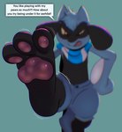 3_toes anthro barefoot dialogue feet foot_fetish foot_focus hindpaw low-angle_view male pawpads paws presenting soles solo speech_bubble text toes darqlugia nintendo pokemon generation_4_pokemon pokemon_(species) riolu english_text hi_res