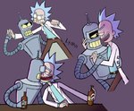 adult_swim beer_bottle bender_bending_rodríguez bottle cartoon_network clothing coat comedy_central container crossover drunk duo fight futurama human lab_coat lyannmomoiro machine male male/male mammal rick_and_morty rick_sanchez robot science_fiction simple_background substance_intoxication topwear