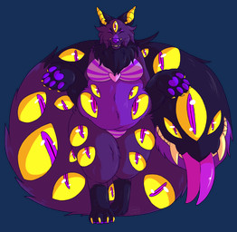 anthro big_tail bottomwear bra cheek_tuft chest_tuft claws clothing digitigrade eyes_everywhere facial_tuft fangs female female_anthro finger_claws fluffy fluffy_tail forked_tongue gesture gloves_(marking) heart_bra heart_clothing heart_symbol heart_underwear huge_tail leg_markings living_tail markings muffin_top multi_eye navel overweight overweight_female panties pattern_bottomwear pattern_bra pattern_clothing pattern_panties pattern_topwear pattern_underwear pawpads purple_body purple_eyes purple_tongue shrug simple_background socks_(marking) striped_bottomwear striped_bra striped_clothing striped_panties striped_topwear striped_underwear stripes tail teeth thick_thighs toe_claws tongue topwear transparent_background tuft underwear unusual_anatomy unusual_tail whiskers yellow_inner_ear yellow_sclera hellhoundfangs canid canine fox mammal 2016 alpha_channel hi_res