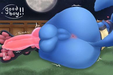 animal_genitalia animal_penis anthro anus balls blue_body blue_fur blush bodily_fluids canine_genitalia canine_penis feet fur genital_fluids genitals good_boy grass heart_symbol knot licking licking_lips lying male moon night outside paws penis plant precum solo speech_bubble tail tongue tongue_out twitching pakev nintendo pokemon canid canine generation_4_pokemon lucario mammal pokemon_(species)