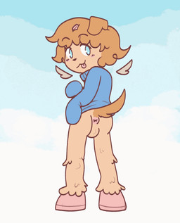 anthro anus balls bite biting_lip blush bottomless broken_horn butt clothed clothing feces floating_wings genitals horn looking_at_viewer male pooping pooping_on_floor rear_view scatplay solo tail tail_motion tailwag unicorn_horn unusual_anatomy unusual_wings wings brdzandbiscuits mythology gin_the_puppycorn canid canine canis domestic_dog equid equine mammal mythological_creature mythological_equine unicorn animated