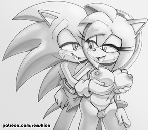 anthro blush bodily_fluids breast_grab breasts clothing duo female genitals gloves grinding hand_on_breast handwear happy happy_sex male male/female nipples open_mouth penis saliva saliva_string sex simple_background sweat tail tail_motion tailwag thigh_sex tongue tongue_out vulva white_background senshion sega sonic_the_hedgehog_(series) amy_rose sonic_the_hedgehog eulipotyphlan hedgehog mammal absurd_res hi_res monochrome
