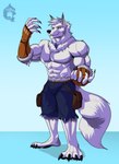 absurd_res alexander_talbain anthro armwear bottomwear canid canine canis claws clothed clothing elbow_gloves fingerless_elbow_gloves fingerless_gloves fur gloves gradient_background handwear hi_res jewelry looking_at_viewer male male_anthro mammal muscular muscular_anthro muscular_male necklace pants shirtless_male simple_background solo thekinkybear topless topless_anthro torn_bottomwear torn_clothing torn_pants white_body white_fur wolf