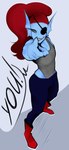 biped clothed clothed_female clothing curvy_figure disability eye_patch eyewear female foreshortening high-angle_view pose solo standing text three-quarter_view fake_anna undertale undertale_(series) undyne fish marine shark absurd_res digital_drawing_(artwork) digital_media_(artwork) english_text full-length_portrait handwritten_text hi_res portrait