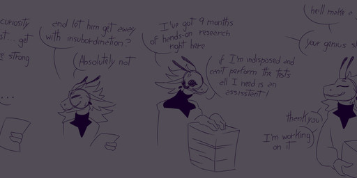 antennae_(anatomy) anthro biped black_clothing blush blush_lines clothed clothing coat compound_eyes dialogue ear_piercing earpiece female fur hair lab_coat offscreen_character paper paperwork piercing solo text topwear pantheggon arabella_(pantheggon) alien 2026 absurd_res comic digital_drawing_(artwork) digital_media_(artwork) english_text guide_lines hi_res sketch sketch_page