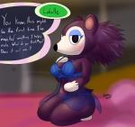 anthro bed black_nose blush breasts clothing dialogue eyelashes female furniture header header_box lingerie mouthless solo talking_to_viewer text text_header kawma animal_crossing nintendo label_able eulipotyphlan hedgehog mammal 2017 english_text hi_res