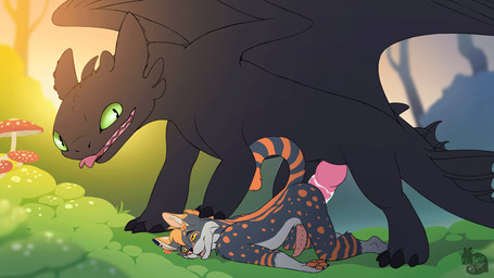 animal_genitalia animal_penis anthro anthro_on_feral anthro_penetrated ass_up bestiality black_body black_scales blep bodily_fluids butt claws detailed_background digitigrade duo erection feline_genitalia feline_penis feral feral_penetrating feral_penetrating_anthro from_behind_position fungus fur genital_slit genitals grey_body grey_fur grin happy knot knotted_penis larger_feral larger_male light looking_at_another looking_pleasured lying male male/male male_penetrated male_penetrating male_penetrating_male mushroom narrowed_eyes nature on_front on_ground open_mouth orange_body orange_fur outside outside_sex pawpads paws penetration penile_spines penis pinned pinned_to_ground plant raised_tail scales sex sheath size_difference smaller_anthro smaller_male smaller_penetrated smile standing sunlight tail thrusting tongue tongue_out tree kete dreamworks european_mythology how_to_train_your_dragon mythology toothless dragon felid feline fury_(httyd) mammal mythological_creature mythological_scalie night_fury scalie serval western_dragon 16:9 animated loop signature widescreen